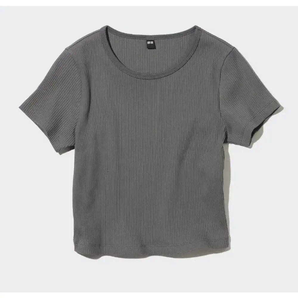 3/$15 Uniqlo Ribbed Crew Neck Short Sleeve Cropped T-shirt Gray *Discoloration* - Picture 1 of 7